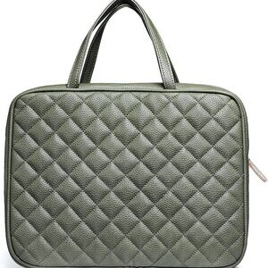 Olive Green Quilted Large Toiletry Bag with Vegan Leather Finish